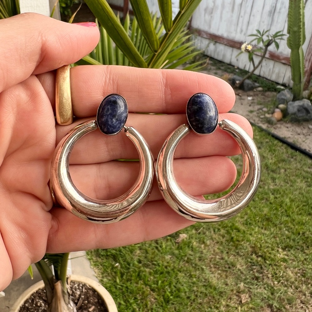 Vintage sterling silver and lapis Hoop Earrings - Picture 3 of 4